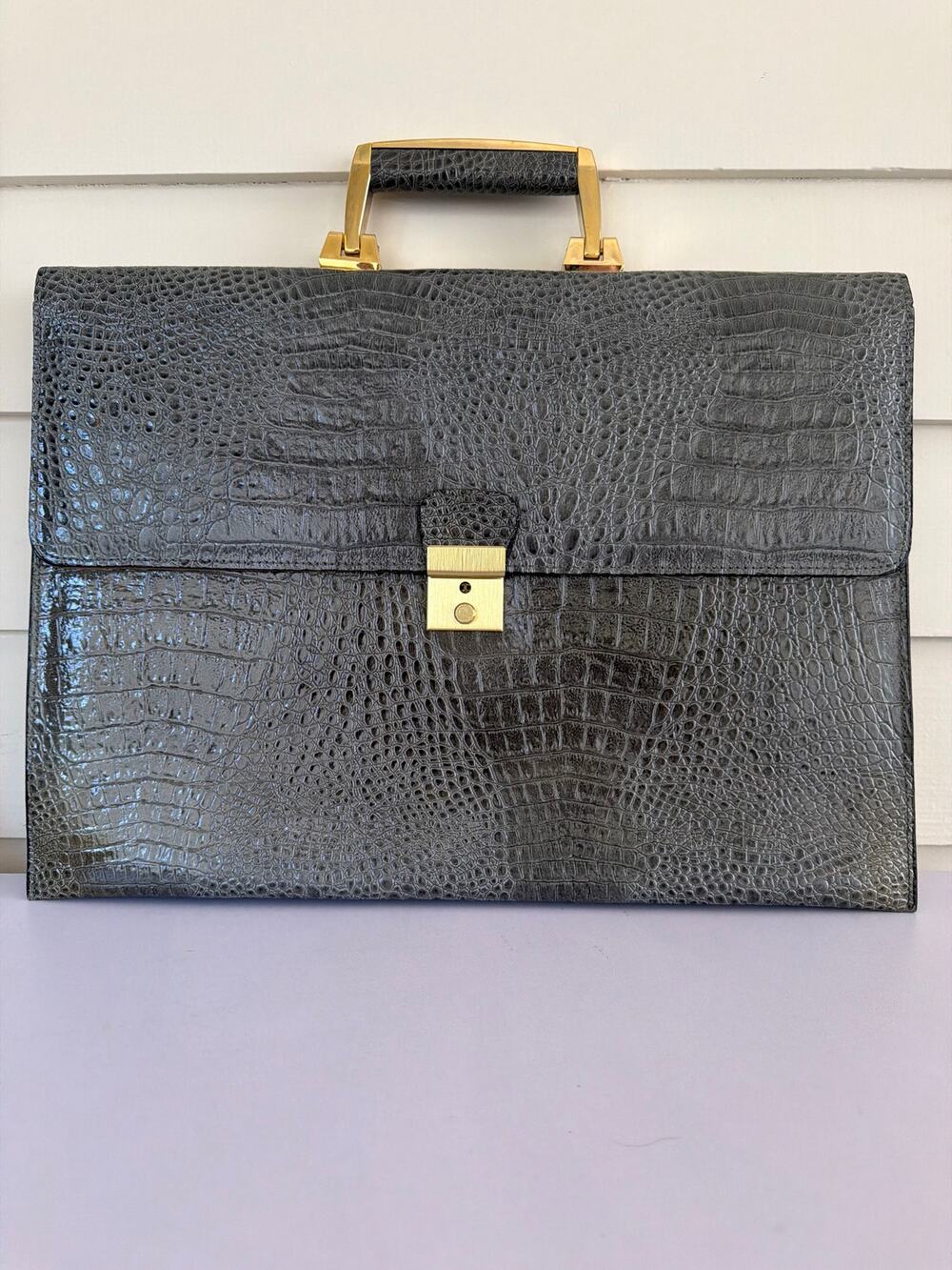 Vivace Vintage Grey Crocodile Embossed Leather Briefcase Attache Portfolio Lock